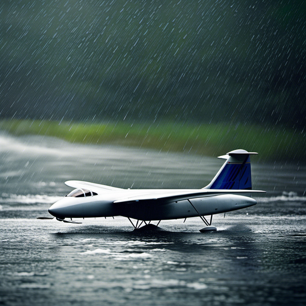 An image showcasing a sleek glider soaring gracefully amidst heavy raindrops, with its wings elegantly slicing through the falling water, capturing the enigmatic beauty of gliding in the rain