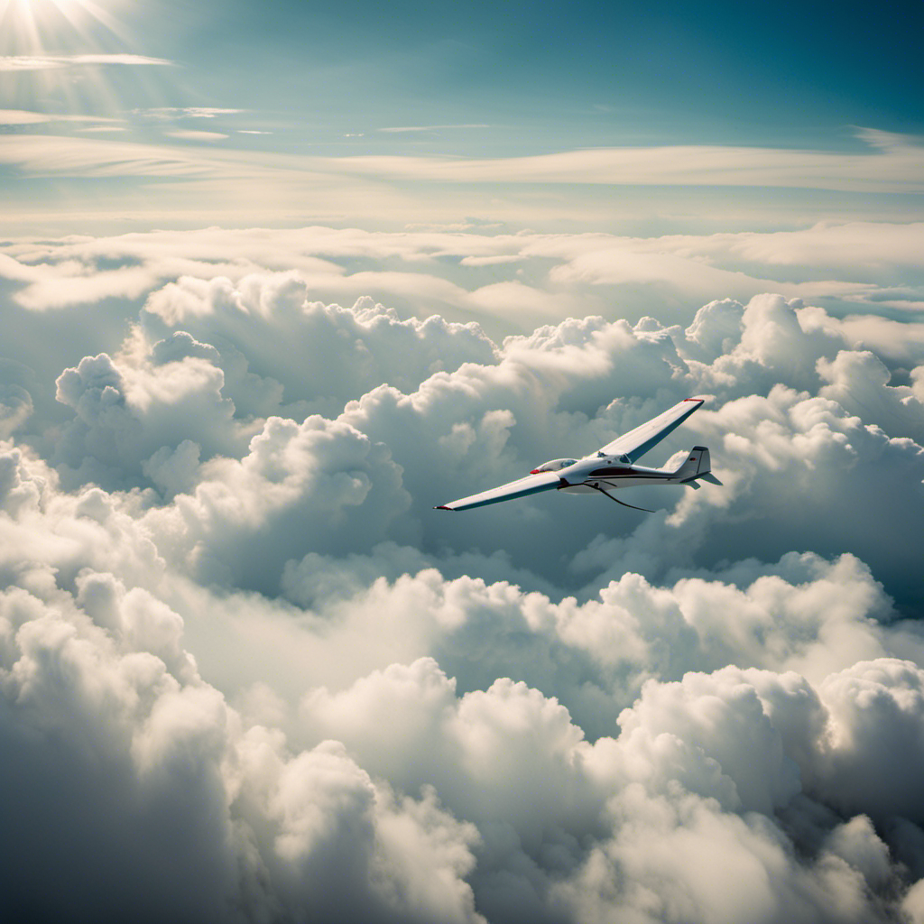 An image showcasing a glider soaring gracefully through a thick layer of fluffy white clouds, with sunlight piercing through, casting dramatic shadows on the glider's wings