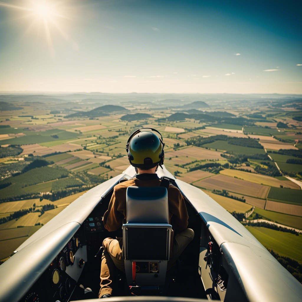 E of a 14-year-old boy, wearing a confident smile, sitting in the cockpit of a glider, hands on the controls, with the scenic landscape stretching out beneath him, showcasing the exhilarating possibilities of soaring through the sky