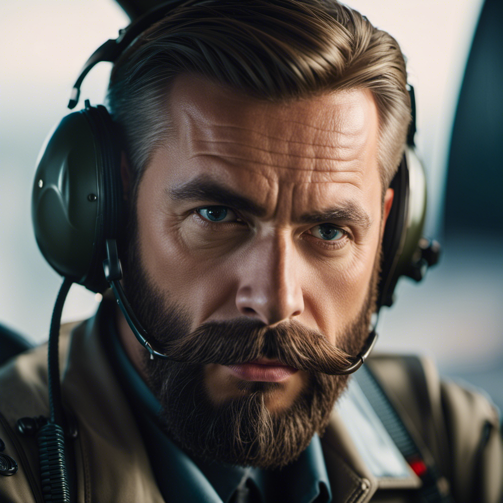 An image showcasing a close-up of a pilot's face, highlighting a meticulously groomed beard and a sharp, professional aviator uniform