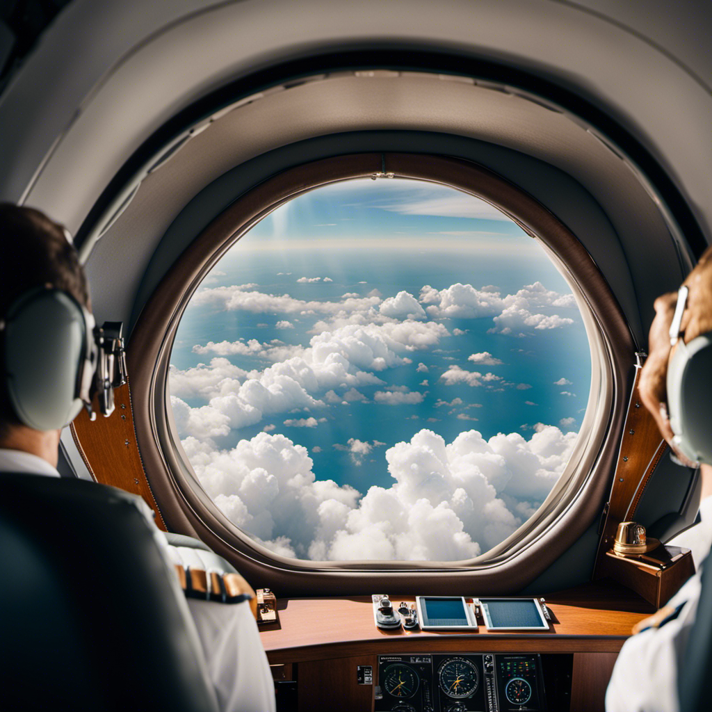 An image of a sleek cockpit with a cockpit window showcasing a panoramic view of fluffy white clouds