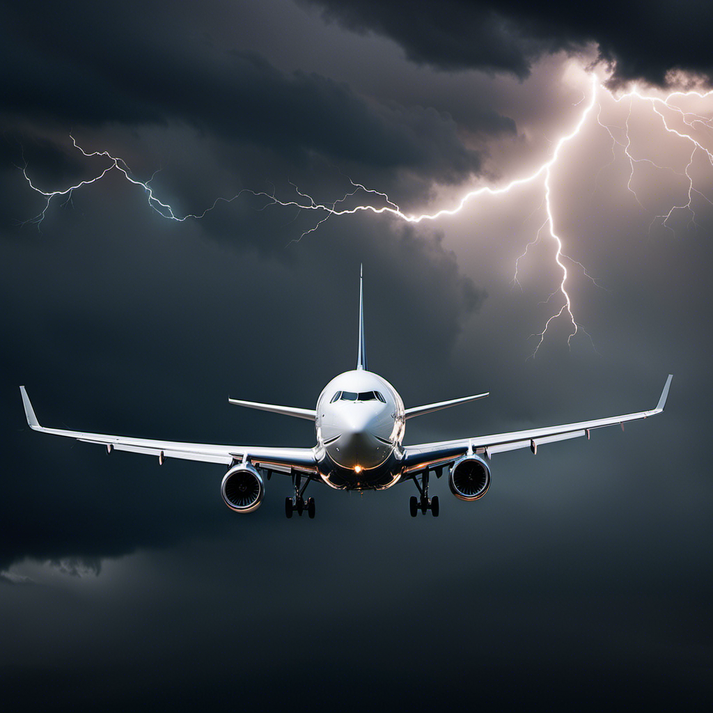 An image depicting a commercial airplane soaring through dark storm clouds, with lightning flashes illuminating the turbulent sky