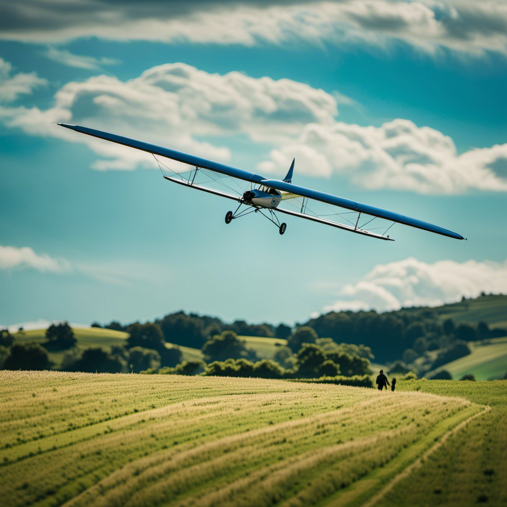 An image capturing a serene countryside scene, where a skilled pilot confidently maneuvers a glider through the vibrant blue sky, showcasing the delicate balance between human control and the forces of nature