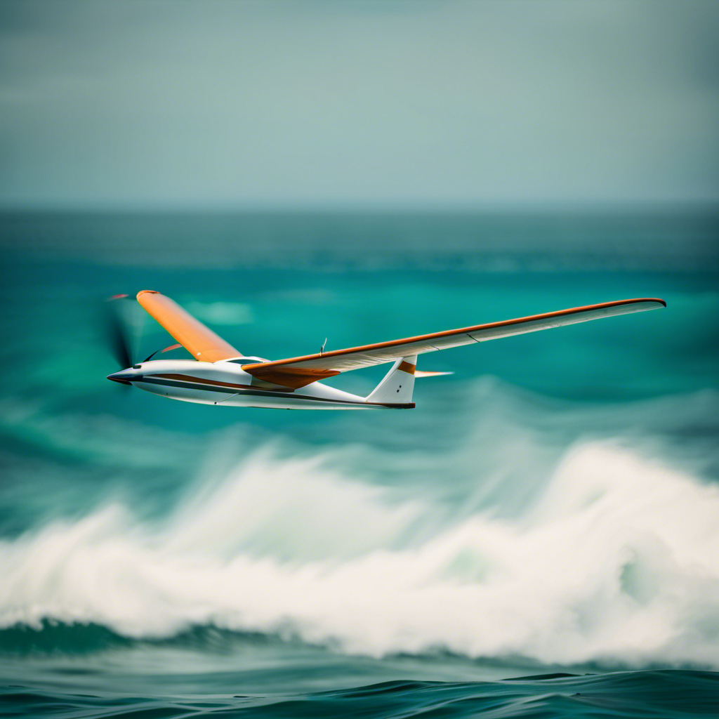 an awe-inspiring scene of a sleek glider soaring above turquoise waves, its wings elegantly slicing through the air