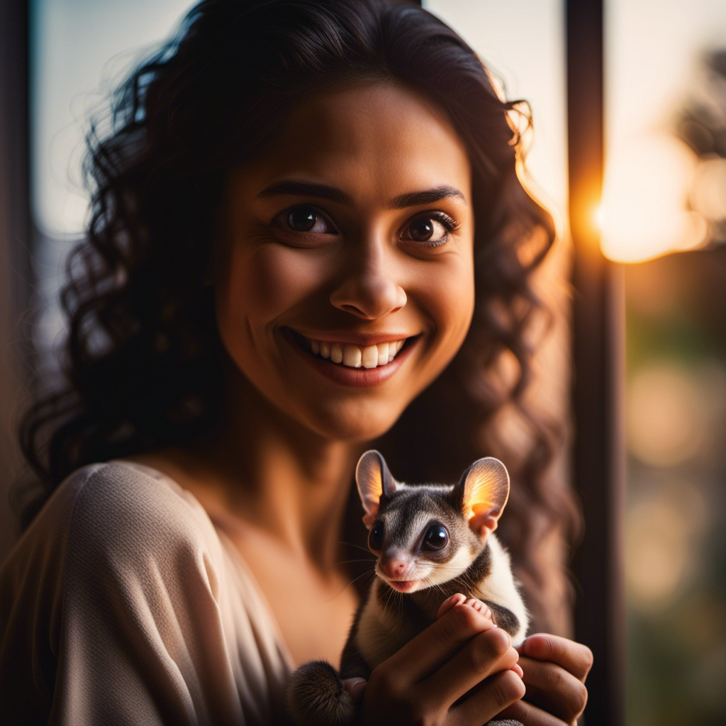 An image of a person with a blissful smile, joyfully cradling a sugar glider in their hands, their faces illuminated by the warm glow of a sunset peeking through a window