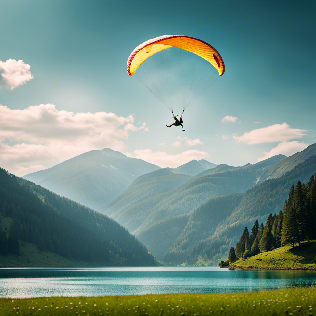 An image capturing a serene lake surrounded by lush mountains, where a lone paraglider gracefully soars through the air, defying gravity