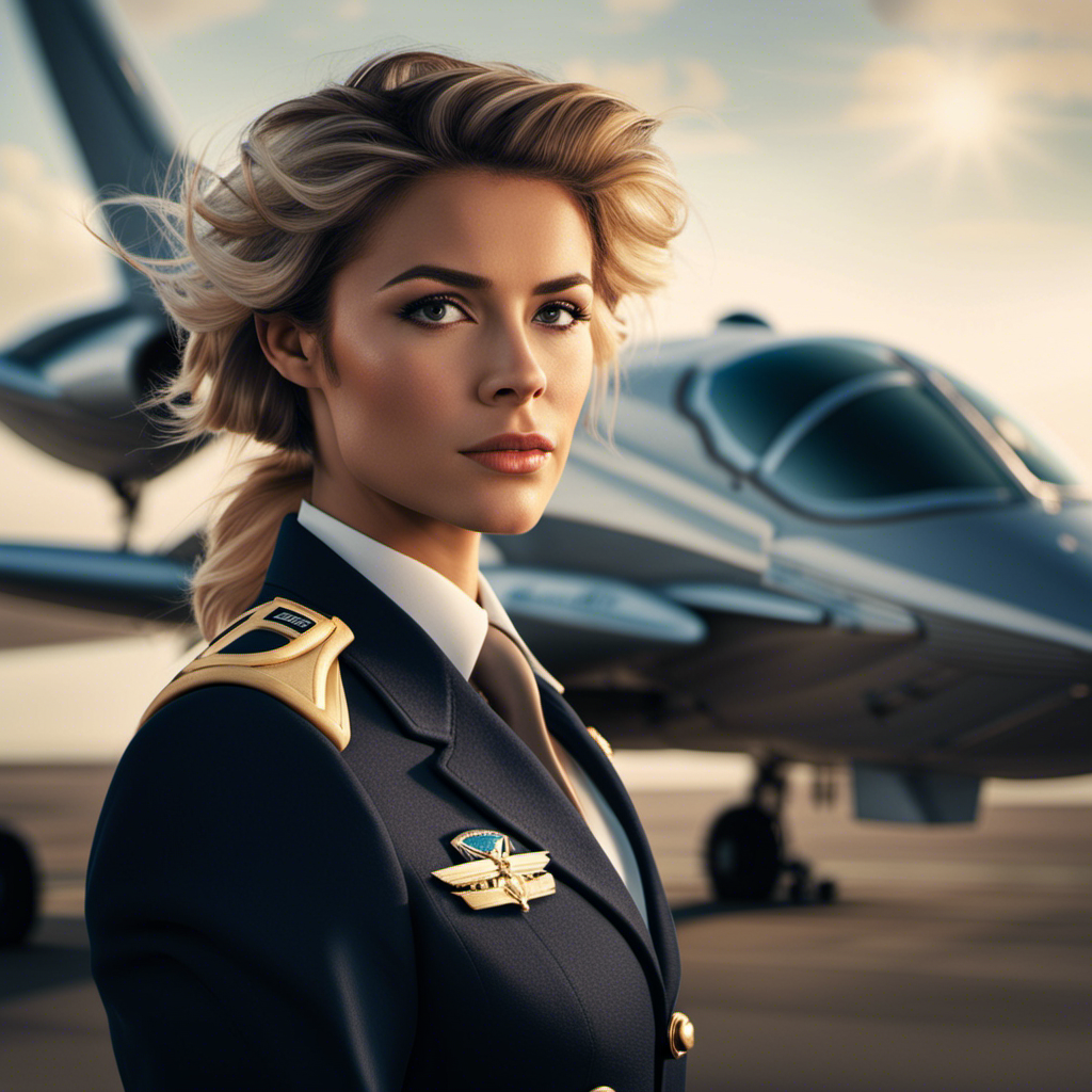 An image featuring a confident pilot with luscious, wind-swept hair, donning a professional uniform and standing in front of a sleek aircraft