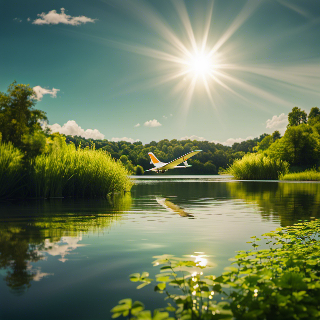 An image of a serene, sun-kissed lake surrounded by lush green landscapes