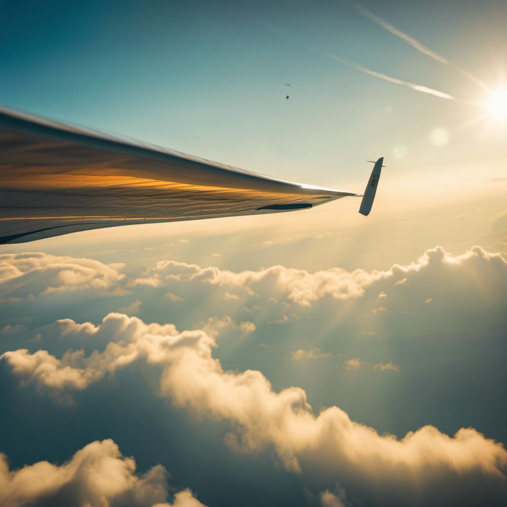 An image showcasing the ethereal beauty of a glider soaring through the azure skies, with a captivating view of a passenger enjoying the weightless freedom, basking in the golden sunlight