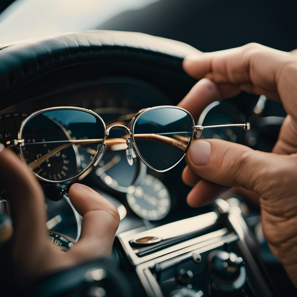 -up of a pilot's hand adjusting the fit of aviator sunglasses over a neatly folded pair of glasses on the cockpit dashboard, showcasing the choice between comfort and vision clarity