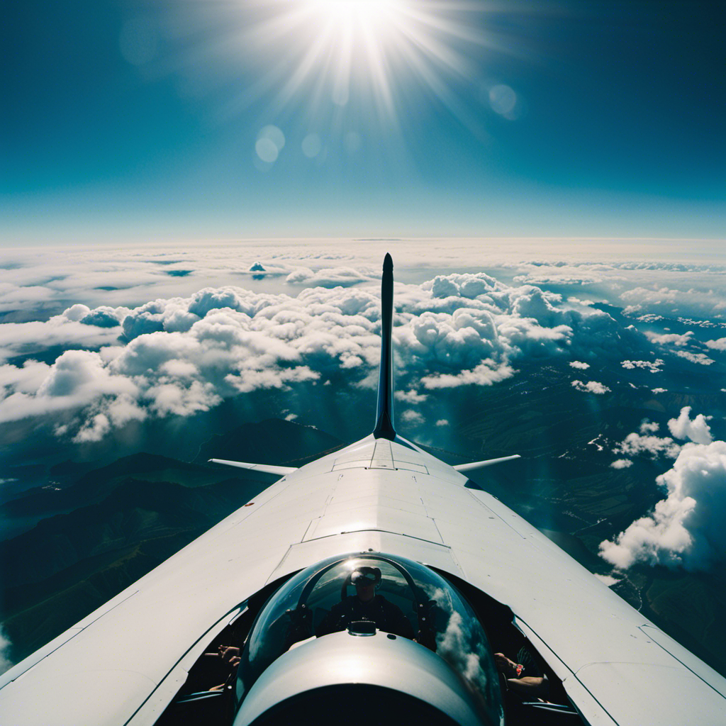 An image capturing a panoramic view from the cockpit of an airplane, showcasing a pilot in uniform skillfully maneuvering through fluffy white clouds against a backdrop of a vivid blue sky