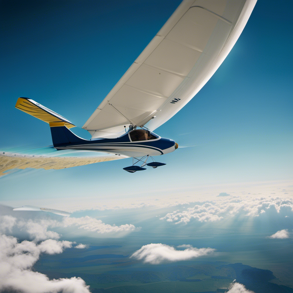 An image showcasing a picturesque glider soaring through clear blue skies, with a skilled pilot firmly gripping the controls