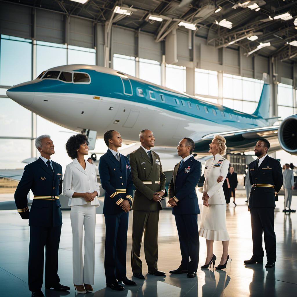 An image featuring a diverse group of individuals, ranging from young to elderly, all wearing pilot uniforms and confidently standing in front of a sleek, modern commercial airplane, symbolizing the limitless age boundaries in pursuing a dream of becoming a commercial pilot