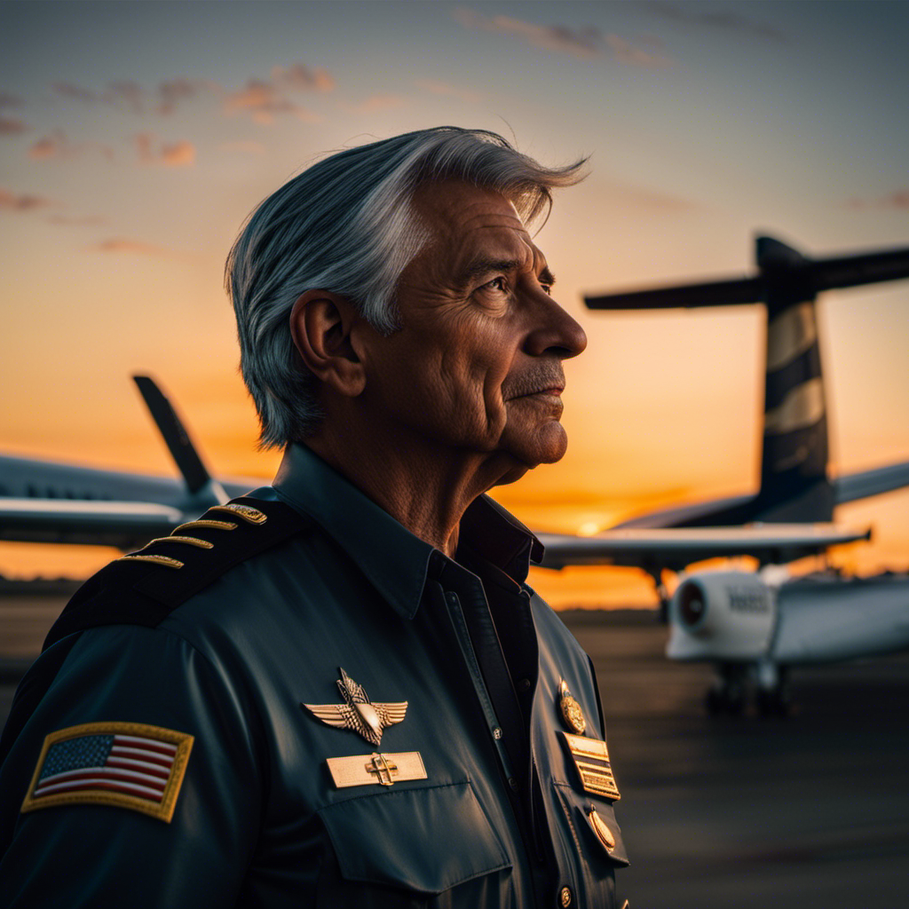 An image capturing a vibrant sunset, where a seasoned commercial pilot, with silver streaks in their hair, confidently guides a plane towards the horizon, defying age limitations and proving dreams know no boundaries