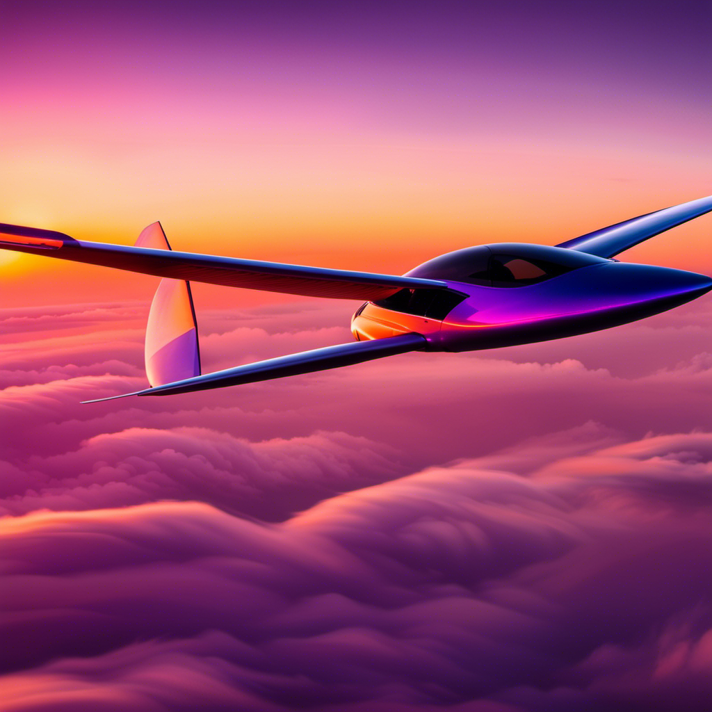Capture the exhilarating essence of the Composite Glider's unparalleled soaring experience through an image that showcases the sleek, aerodynamic design, effortlessly gliding through a vibrant orange and purple sunset sky