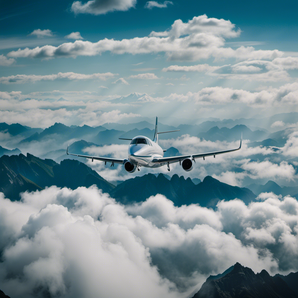An image featuring a panoramic view of a majestic mountain range, where a solitary plane soars through the sky