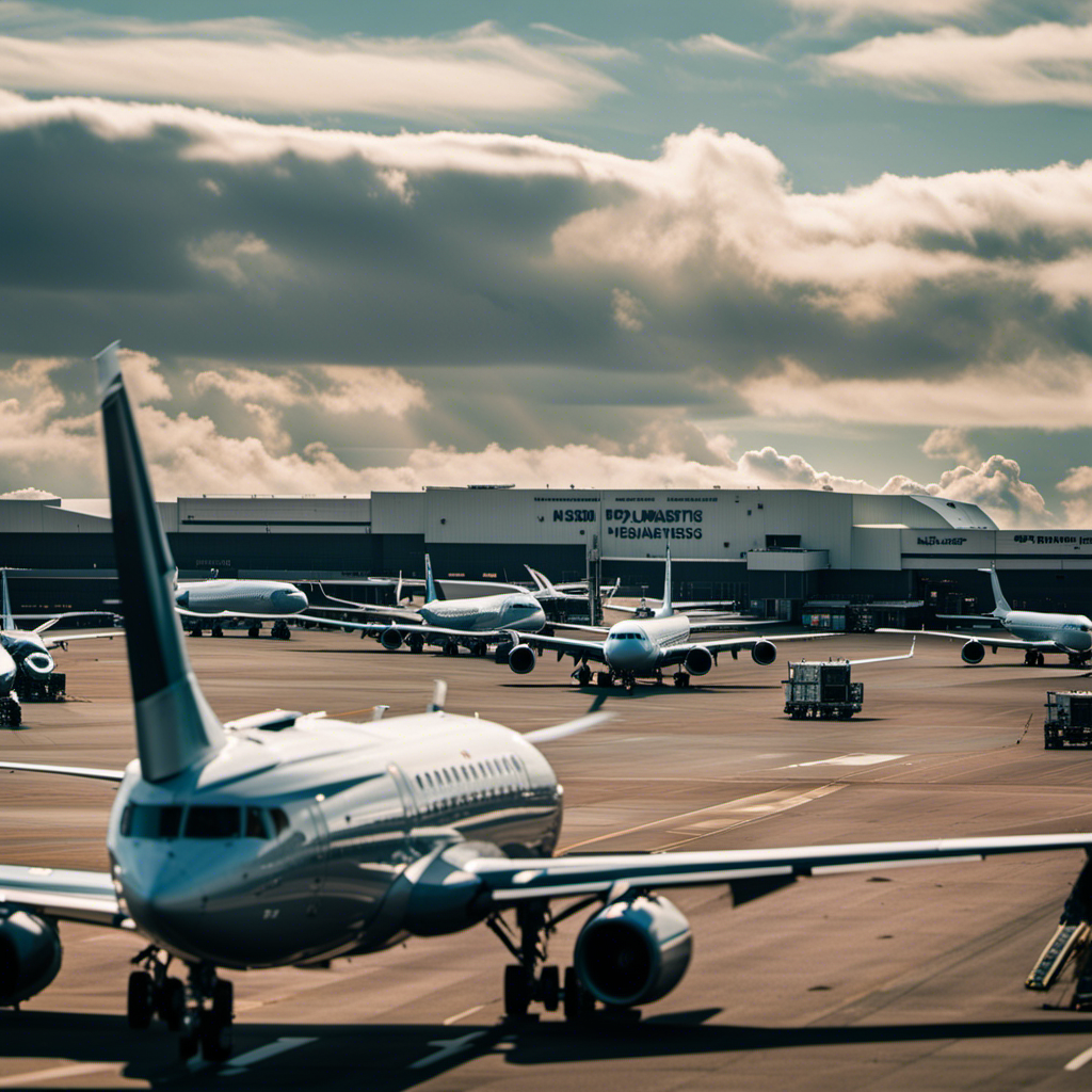An image showcasing a bustling airport tarmac filled with an array of aircraft: sleek commercial jets majestically soaring in the sky, nimble helicopters hovering gracefully, and sturdy propeller planes cruising through the clouds