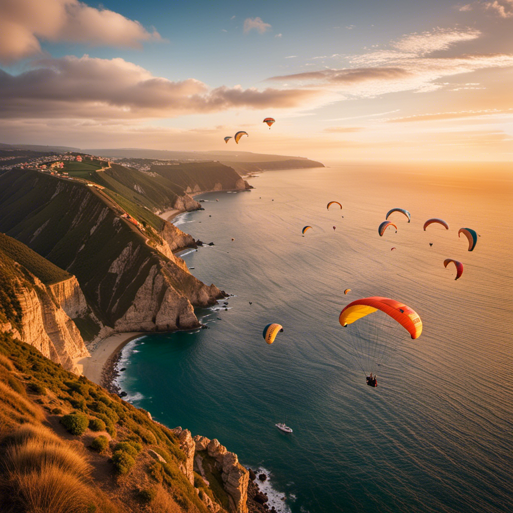 Capture the exhilarating essence of gliding as a flock of colorful paragliders soar above a picturesque coastal cliff, with the sun setting behind them, casting a warm golden glow on the serene ocean below