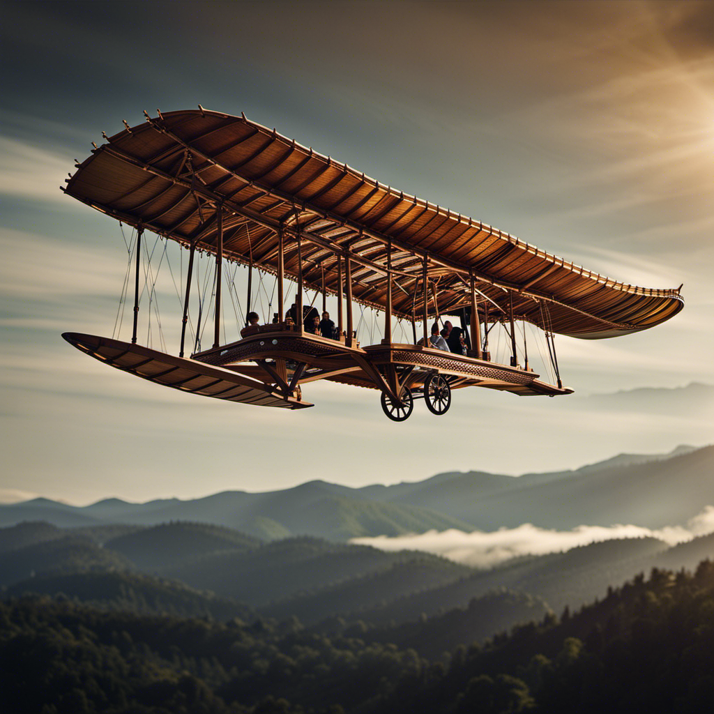 An image showcasing the iconic Da Vinci Glider, portraying its intricate wooden framework, elegant wingspan, and Leonardo Da Vinci's genius, evoking the wonder and innovation of this historical flying machine