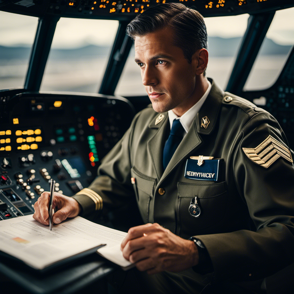 An image of a pilot sitting in a cockpit, surrounded by a comprehensive course syllabus, charts, and flight manuals
