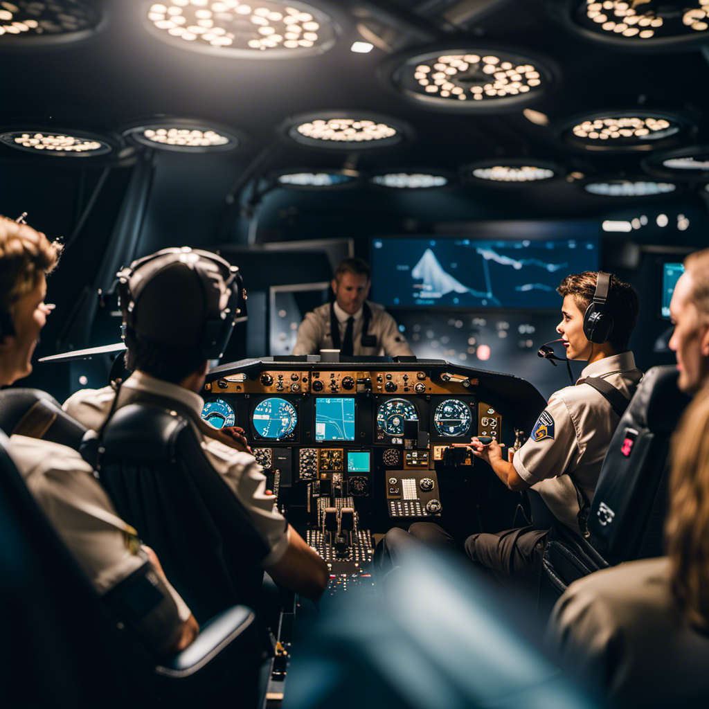 An image showcasing a diverse group of aspiring pilots, gathered around a flight simulator, engrossed in learning, while an experienced instructor guides them through the intricacies of flying