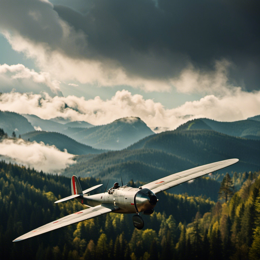 An image showcasing a German glider soaring gracefully across the sky during World War II, with a backdrop of rugged mountains and dense forests, evoking the enigmatic question of Germany's use of gliders during the war