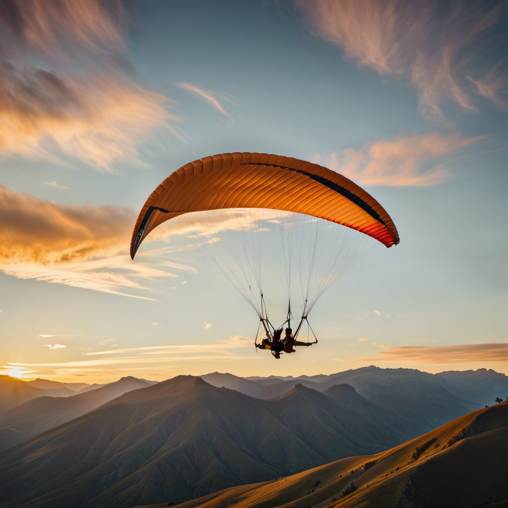 An image that juxtaposes a fearless hang glider, soaring high above a rugged mountain range, with a graceful paraglider, gently gliding through a sunset-drenched valley, showcasing the distinct contrasts between these two exhilarating aerial sports