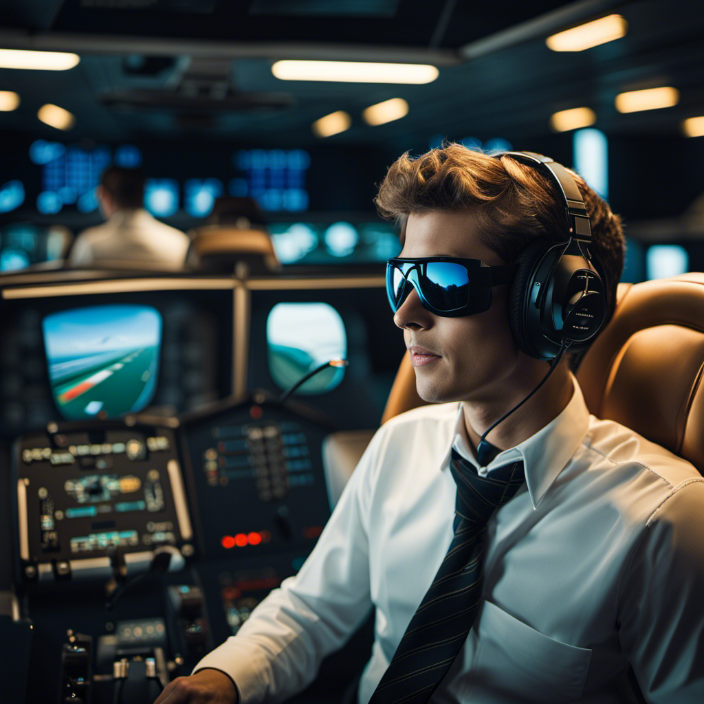 An image showcasing an aspiring pilot sitting at a computer, fully immersed in a digital skyway simulation