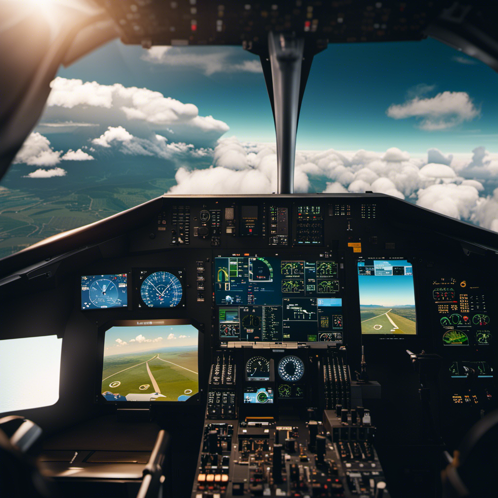 An image showcasing a computer screen with a flight simulator program open, displaying a pilot's virtual cockpit with realistic controls, clouds in the sky, and a scenic landscape below