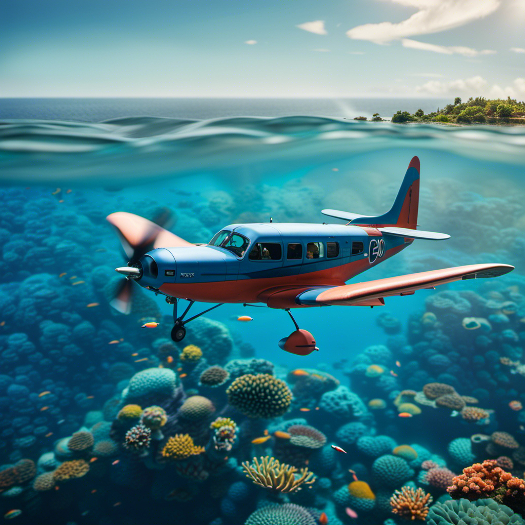 An image showcasing a serene blue ocean, with a vibrant coral reef underneath, as a small propeller plane gracefully descends towards the water's surface, symbolizing the deep exploration and evaluation offered by 2-year flight schools