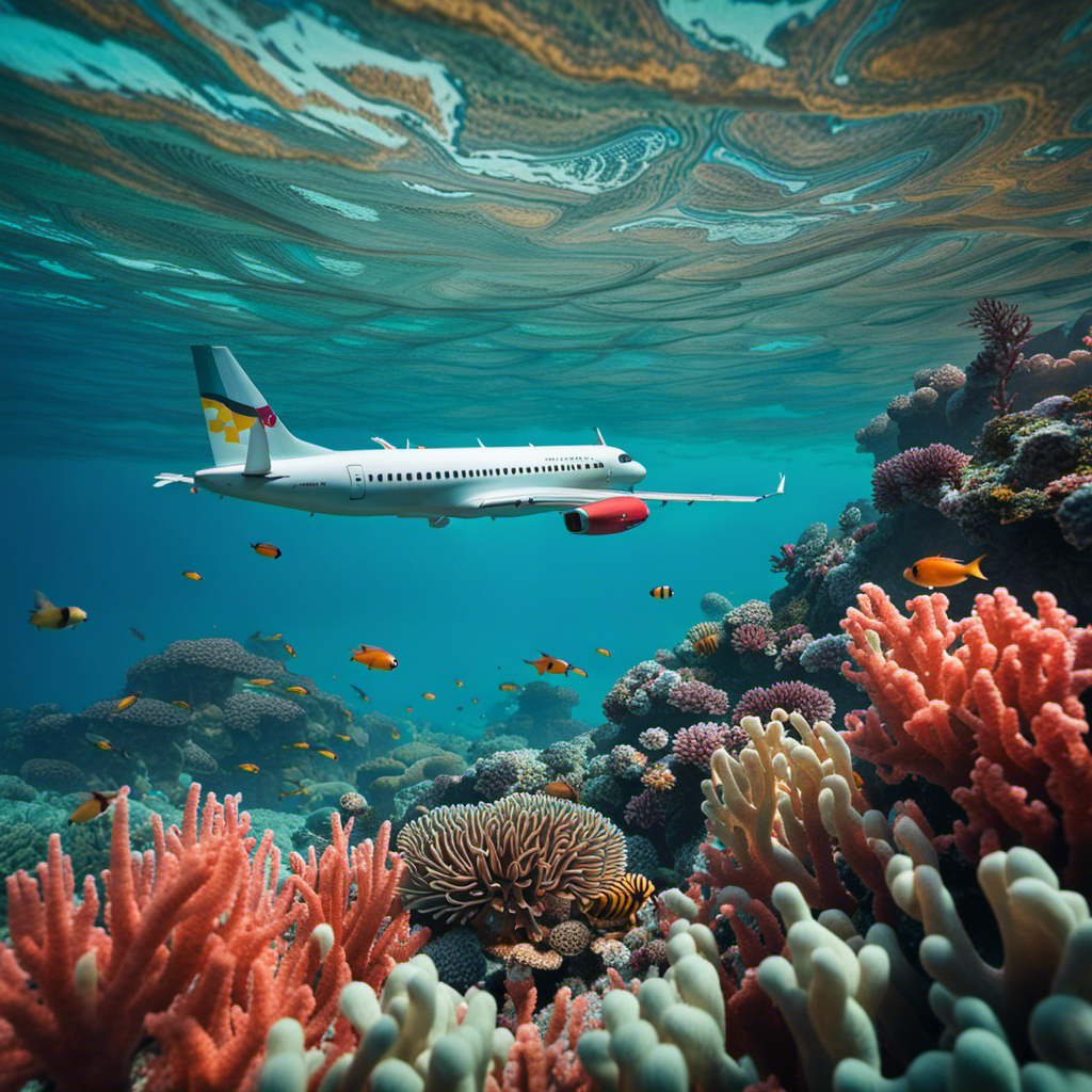An image showcasing a serene, turquoise-colored ocean with a vibrant coral reef teeming with diverse marine life