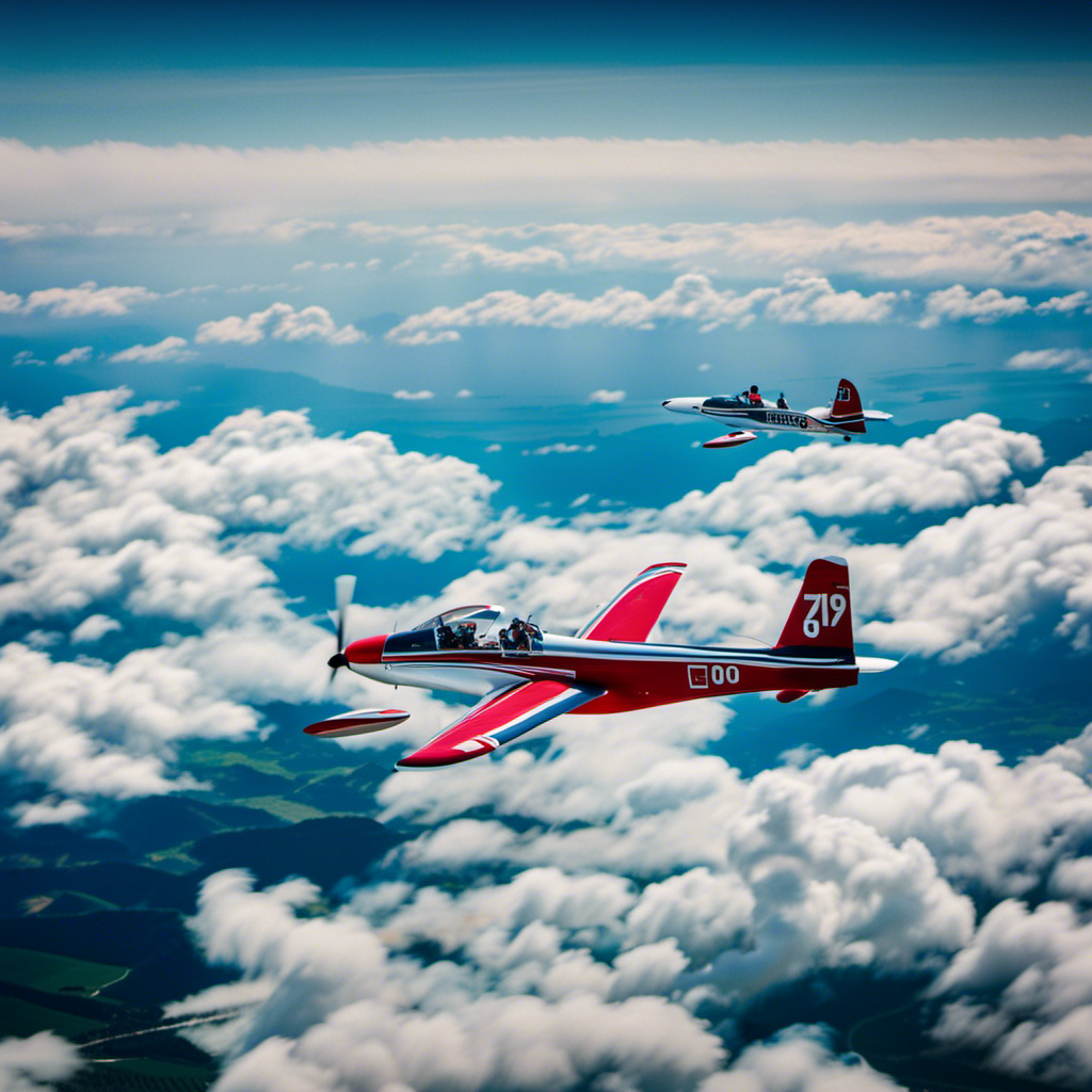 the heart-pounding thrill of glider aerobatics as a fearless pilot maneuvers through the sky, executing jaw-dropping loops and rolls against a backdrop of vivid blue skies, white puffy clouds, and sprawling landscapes below