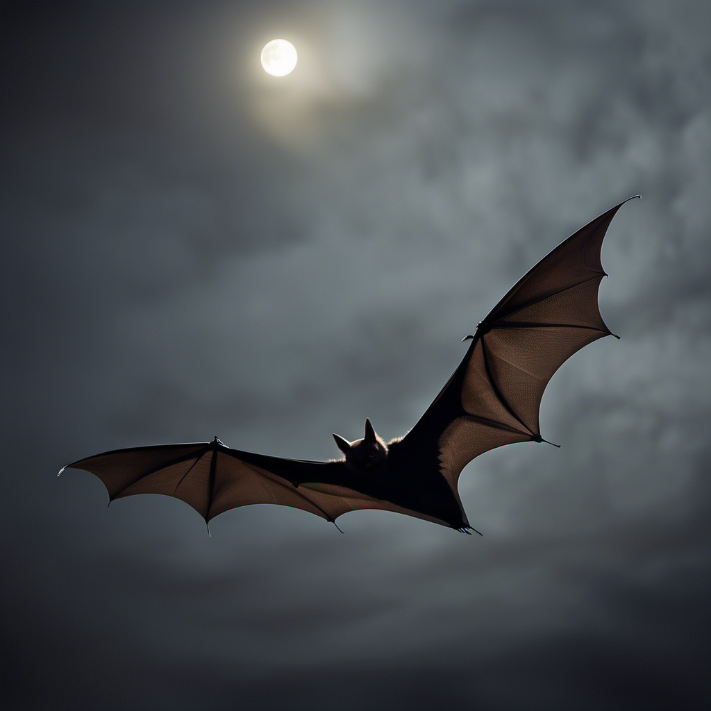 An image depicting a bat gracefully soaring through a night sky, its delicate wings outstretched, effortlessly maneuvering through the air with precision and agility, leaving a trail of faint moonlit shadows