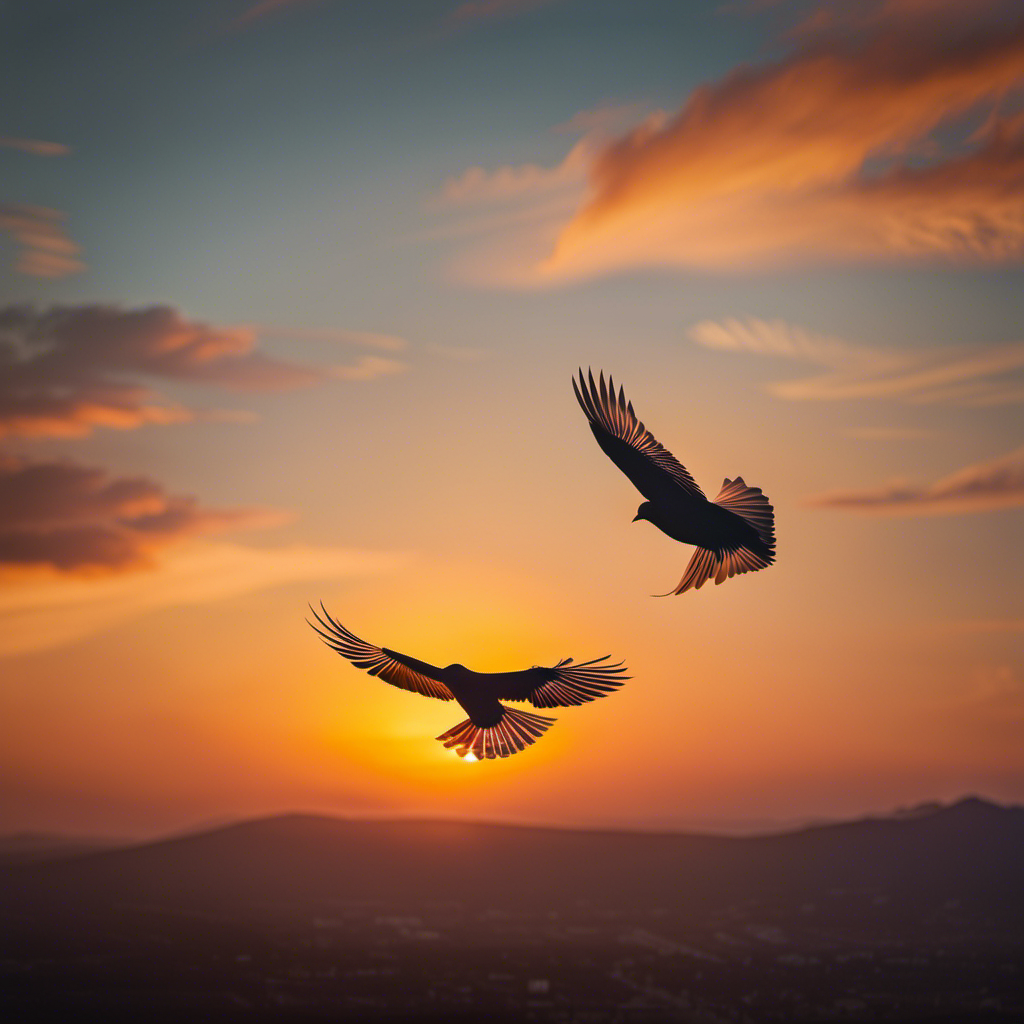 An image capturing two birds in mid-air, against a vibrant sunset backdrop