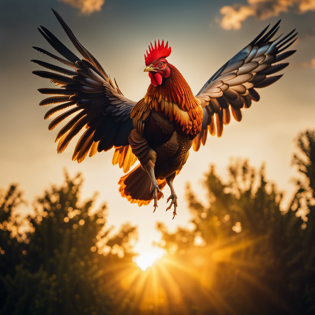 An image depicting a vivid scene of a chicken gracefully soaring through the sky, its feathers outstretched like delicate wings, as the golden sun sets behind a backdrop of towering trees