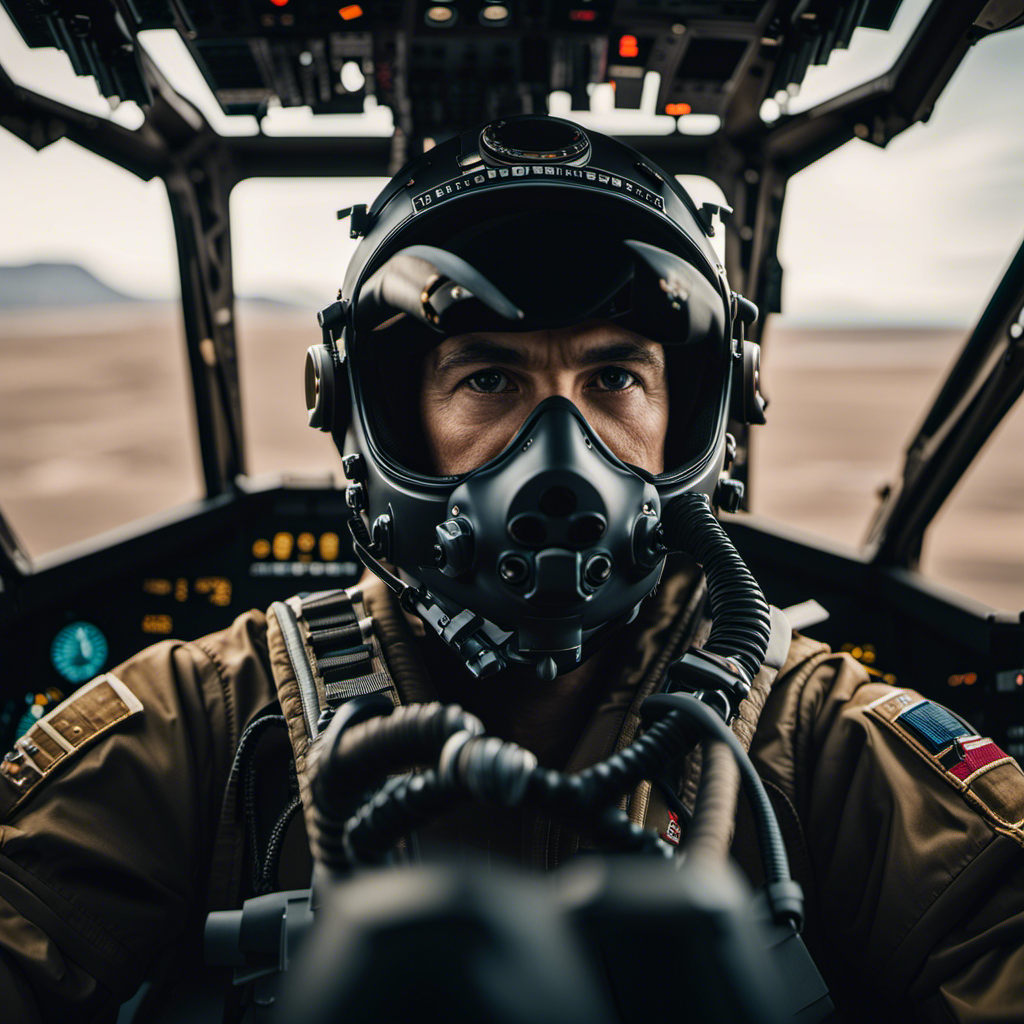 An image showcasing a fighter pilot's cockpit, capturing the intricate controls, advanced technology, and a discreet catheter system integrated into the pilot's flight suit