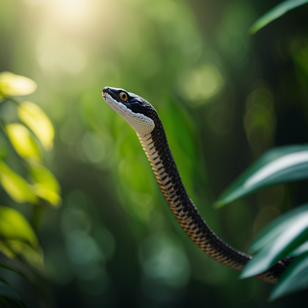 An image capturing the mesmerizing moment when a flying snake gracefully glides through the dense jungle canopy, its slender body contorting mid-air, showcasing its unique ability to navigate the skies