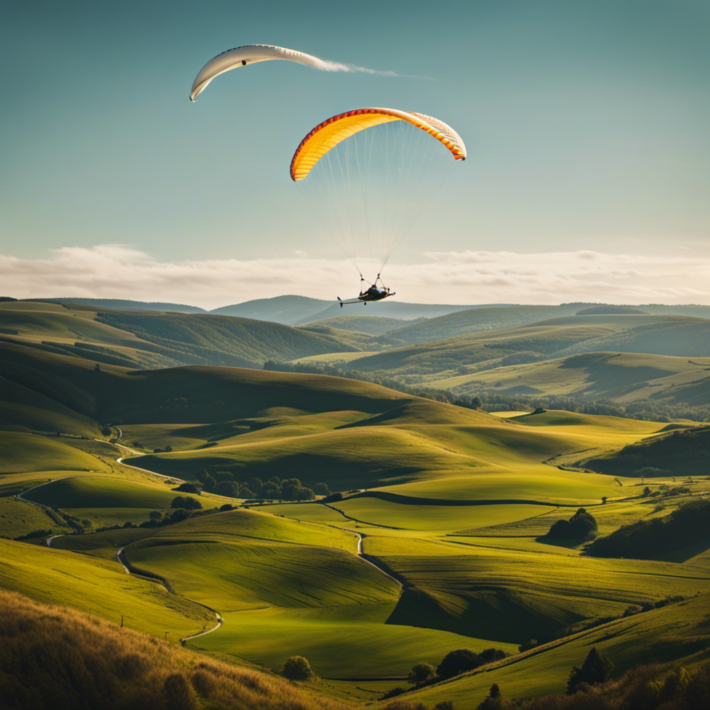 An image showcasing a serene glider soaring gracefully above a picturesque landscape, with a pilot confidently sitting inside
