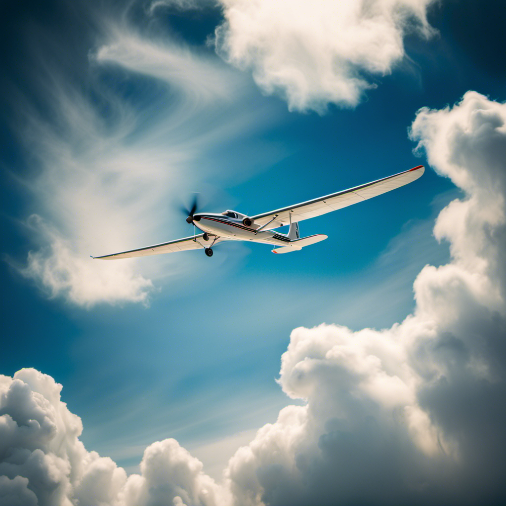 An image capturing the serene elegance of a glider plane soaring through the sky, its sleek silhouette cutting through the air, surrounded by a tranquil backdrop of fluffy white clouds and a vibrant blue sky