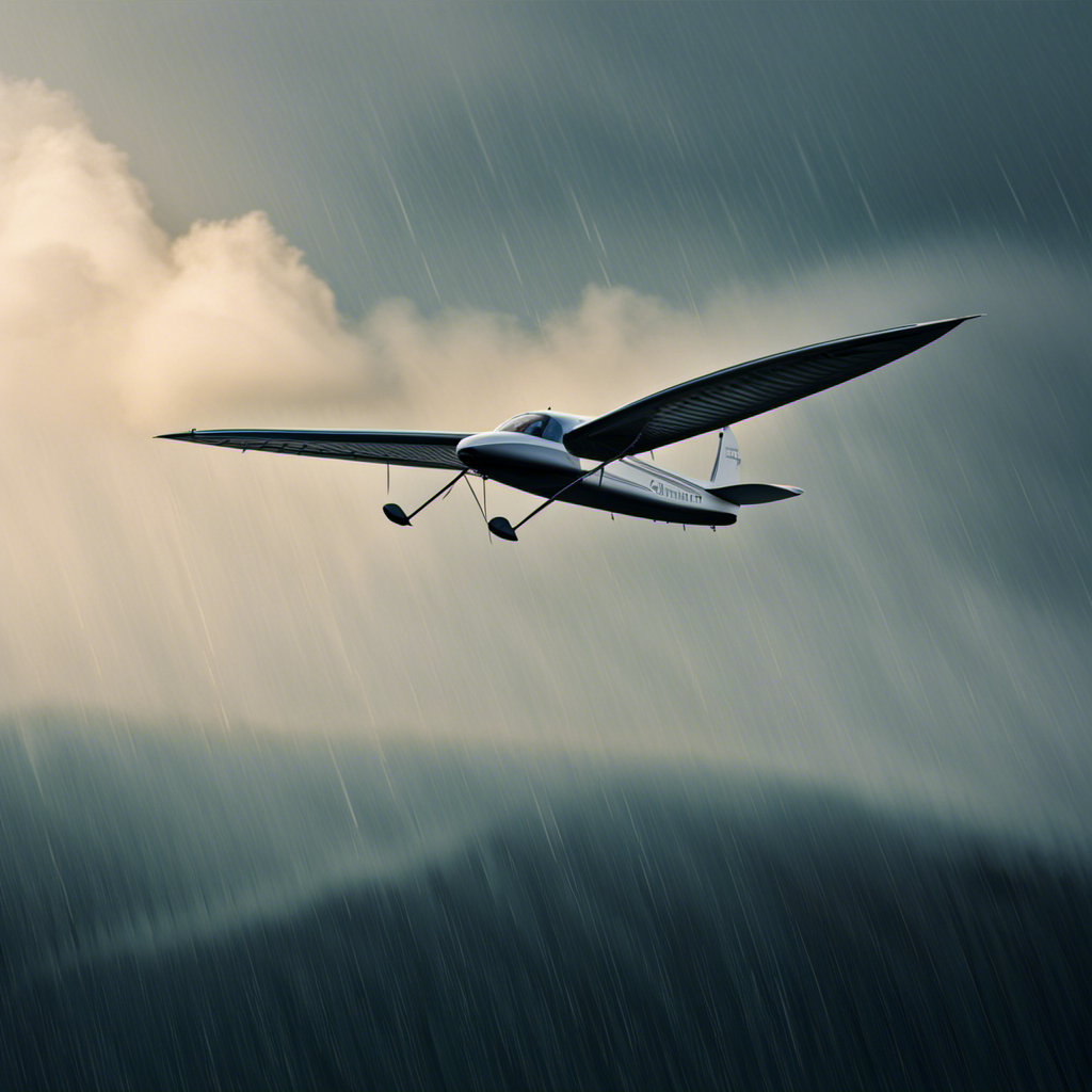 An image showcasing a glider soaring majestically through a serene, rain-drenched sky