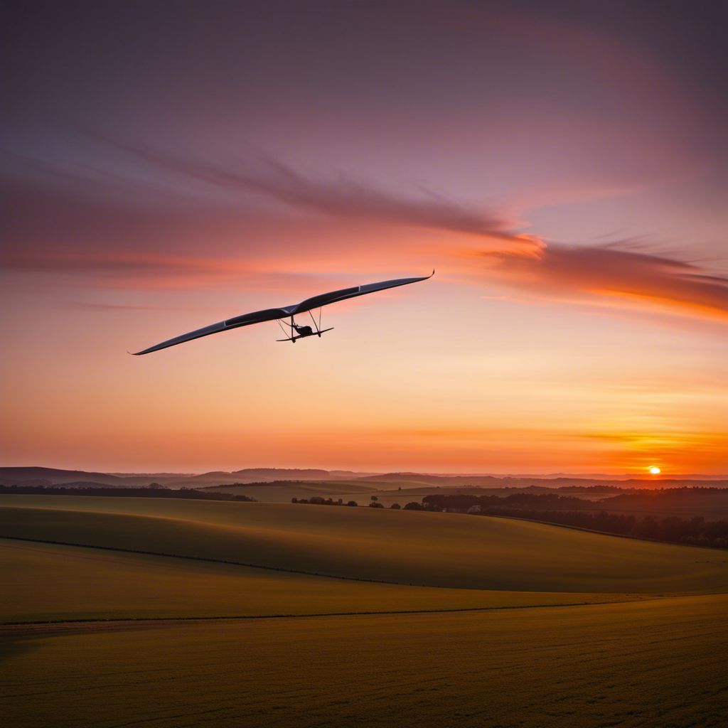 An image that captures the graceful descent of a glider, showcasing its sleek silhouette against a vibrant sunset sky