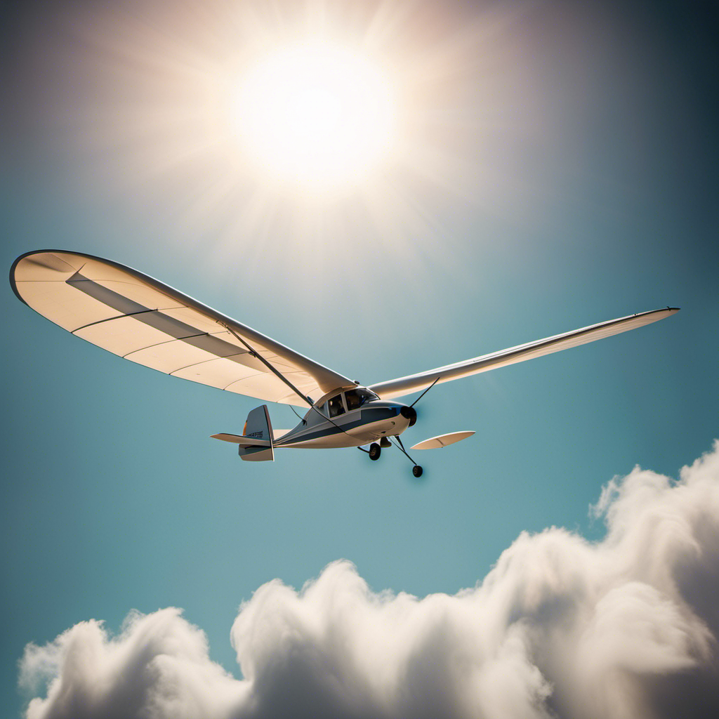 An image showcasing a sleek glider gracefully soaring through a cloudless sky, its wings tilted at the perfect angle, capturing the sunlight, as it effortlessly maneuvers through the air, defying gravity