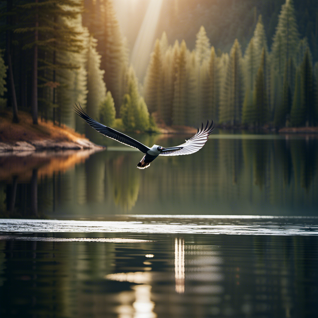 An image displaying a serene mountain lake surrounded by towering trees, with a graceful glider soaring above, its sleek wings casting shimmering reflections on the water's surface