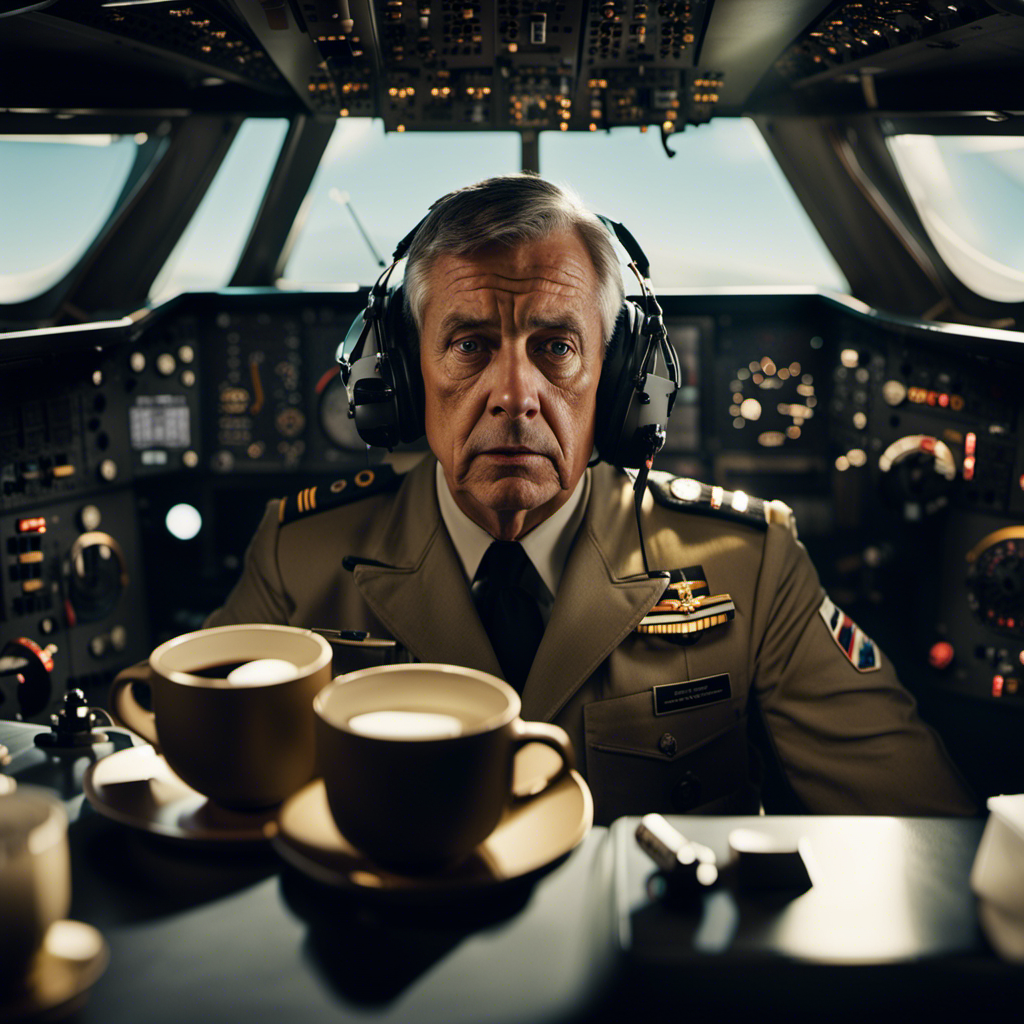 An image of a weary pilot in a dimly lit cockpit, with heavy eyelids and drooping head, surrounded by scattered coffee cups and a blinking control panel, capturing the exhaustion and fatigue that pilots may experience during long flights