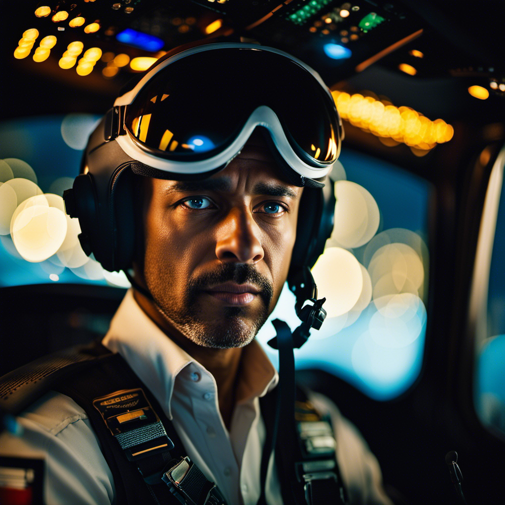 An image showcasing a pilot's weary eyes framed by a cockpit window, illuminated by the mesmerizing city lights below, serving as a visual metaphor for the exhaustion pilots endure while soaring through the skies