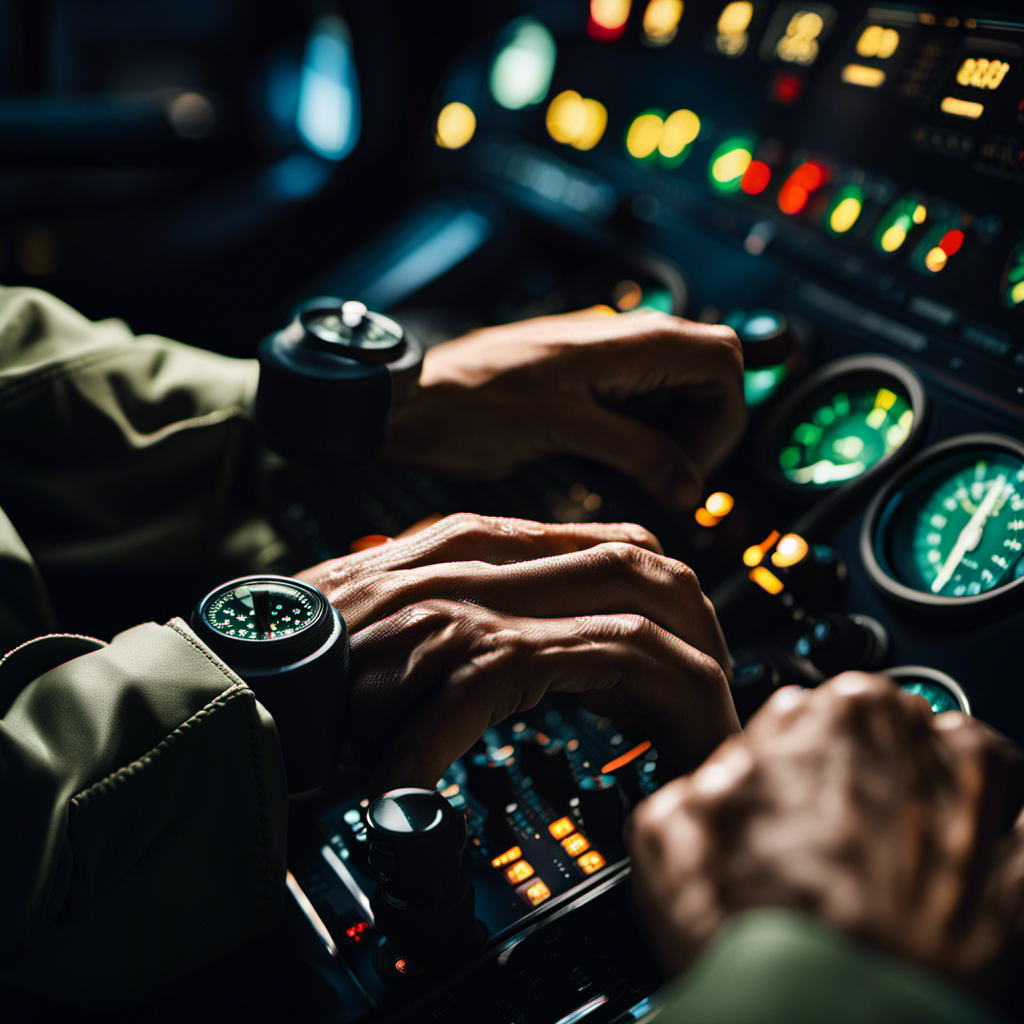 An image depicting a close-up of a pilot's hands gripping the control stick inside a cockpit, showcasing the intricate lines on their palms and the intensity in their eyes, capturing their hidden fears of flying