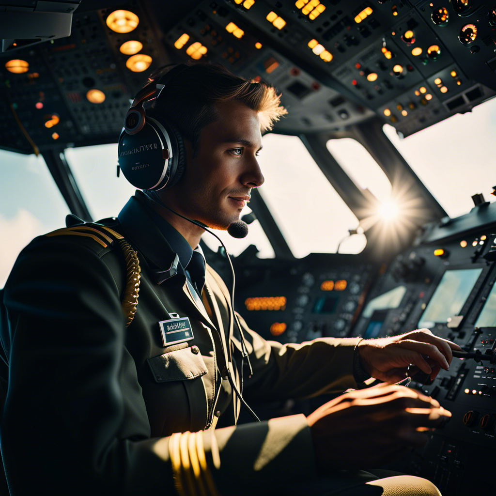 An image of a pilot in the cockpit, wearing aviation headphones, with a subtle smile while adjusting the volume knob on a control panel, as sunlight streams through the window, illuminating the instruments