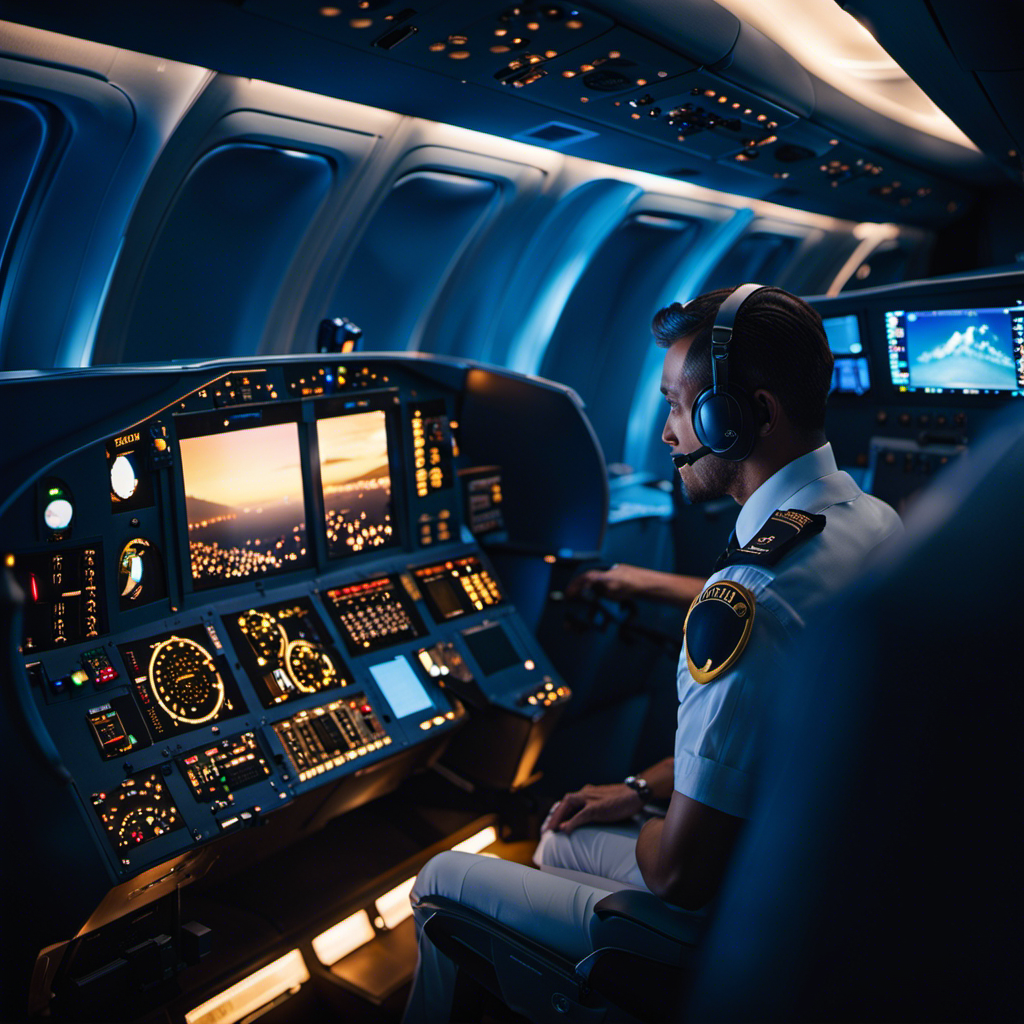 An image capturing the serene atmosphere of a dimly-lit cockpit during a 15-hour flight