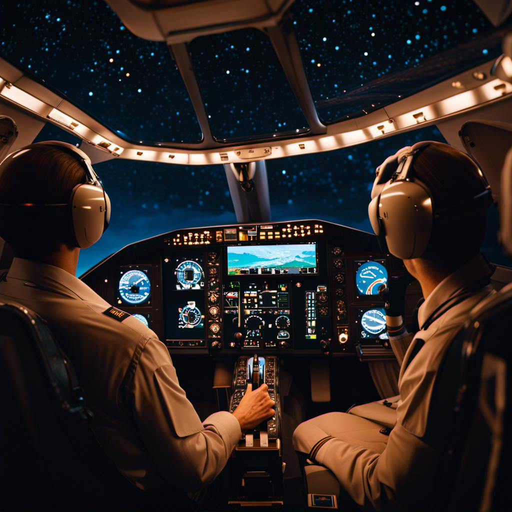 An image showcasing a spacious cockpit at night, softly illuminated by instrument panel lights