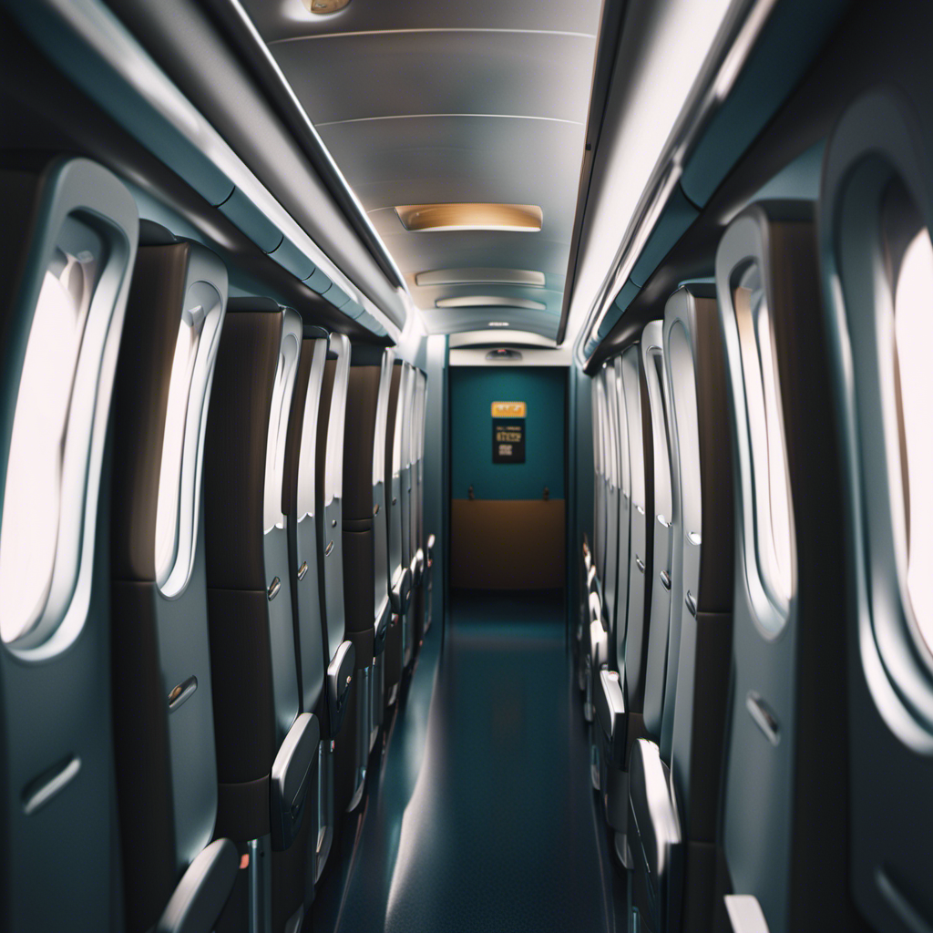 An image showcasing a narrow airplane aisle with a closed door at the end